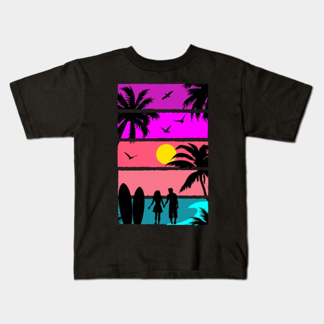 Vaporwave Aesthetic Inspired Beach Silhouette Kids T-Shirt by Brobocop